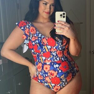 Floral V-Neck One-Piece Swimsuit
